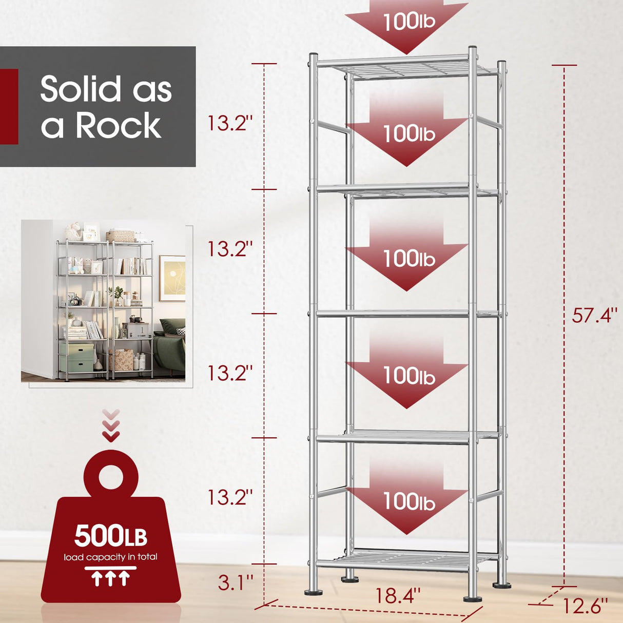 Sakugi Storage Shelves - Set of 2, 5-Tier Metal Shelf Organizer, Space-Saving Garage Shelving with Leveling Feet, Standing Shelves Organizer for Kitchen, Laundry, Pantry (18.4"x12.6"x57.4", Silver) Sakugi