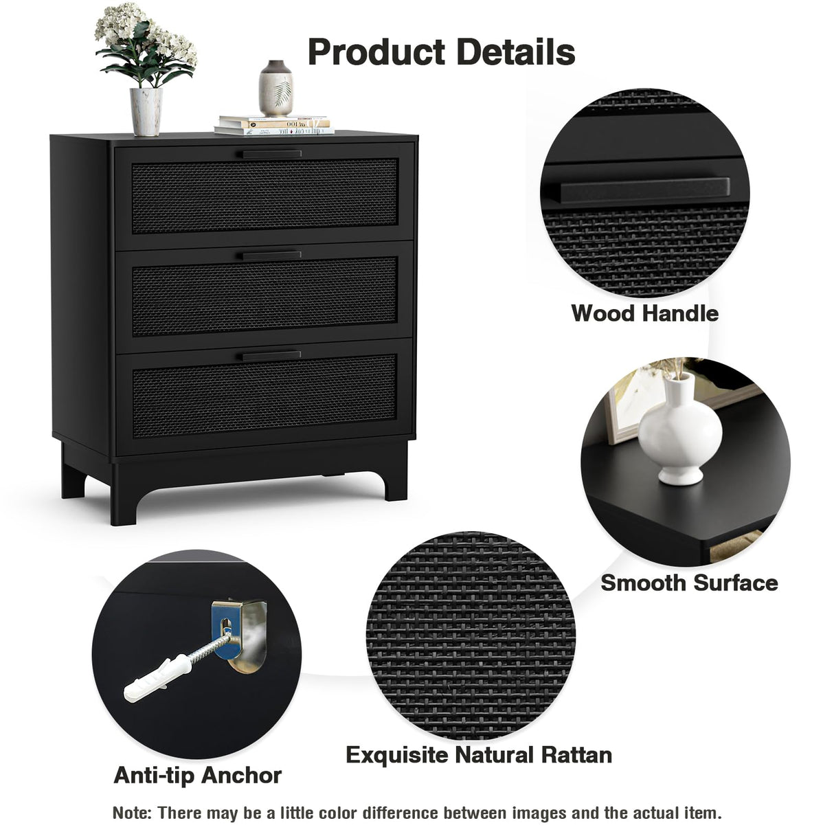 Anmytek 35" H Black Rattan Dresser, Farmhouse 3 Drawer Dresser with Natural Rattan Spacious Chest of Drawers for Living Room, Nursery, Hallway H0096 Anmytek