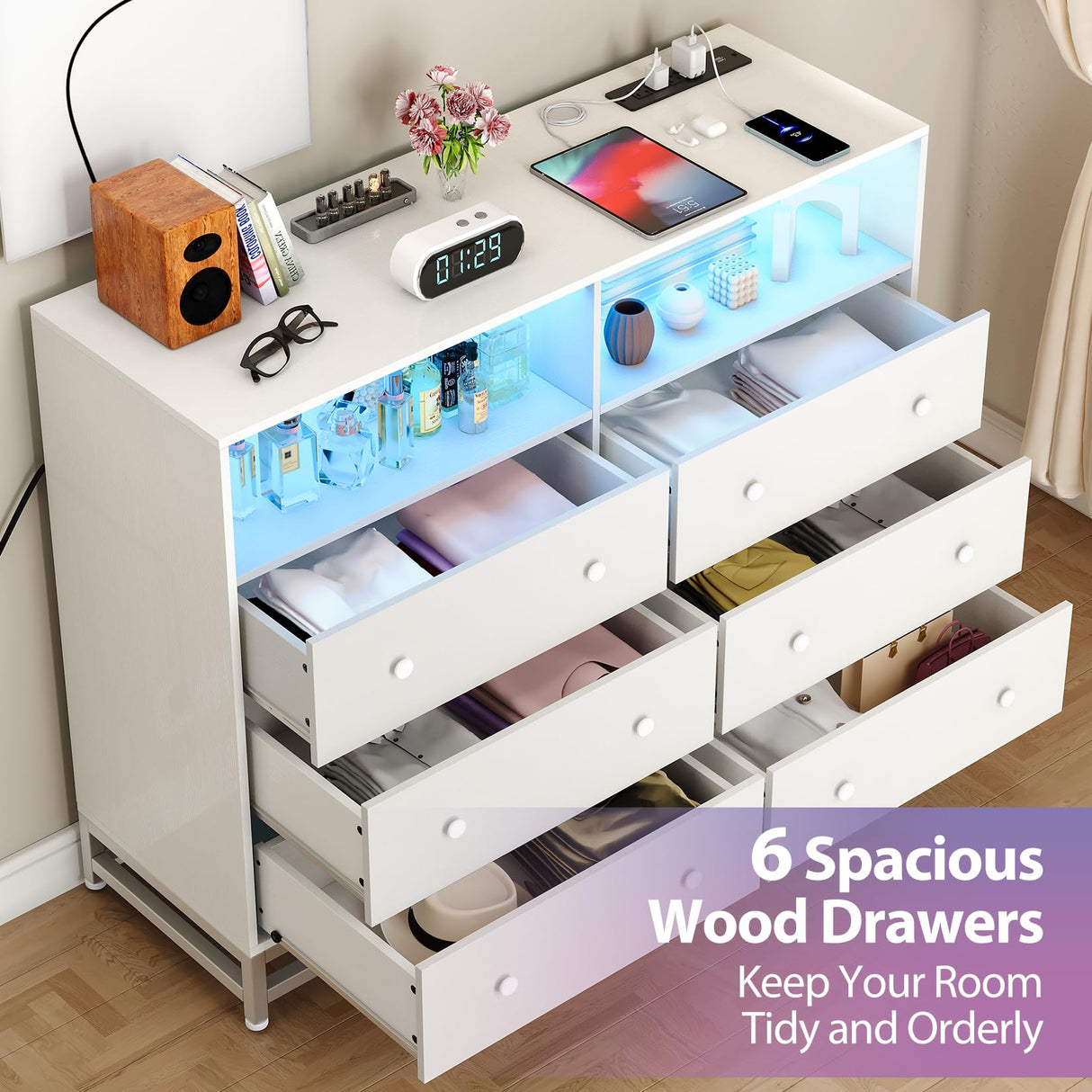 GarveeHome 6 Drawer Double Dresser TV Stand, Bedroom Dresser with Power Outlet & LED Light, Wood Dresser for Room, Hallway, White GarveeHome