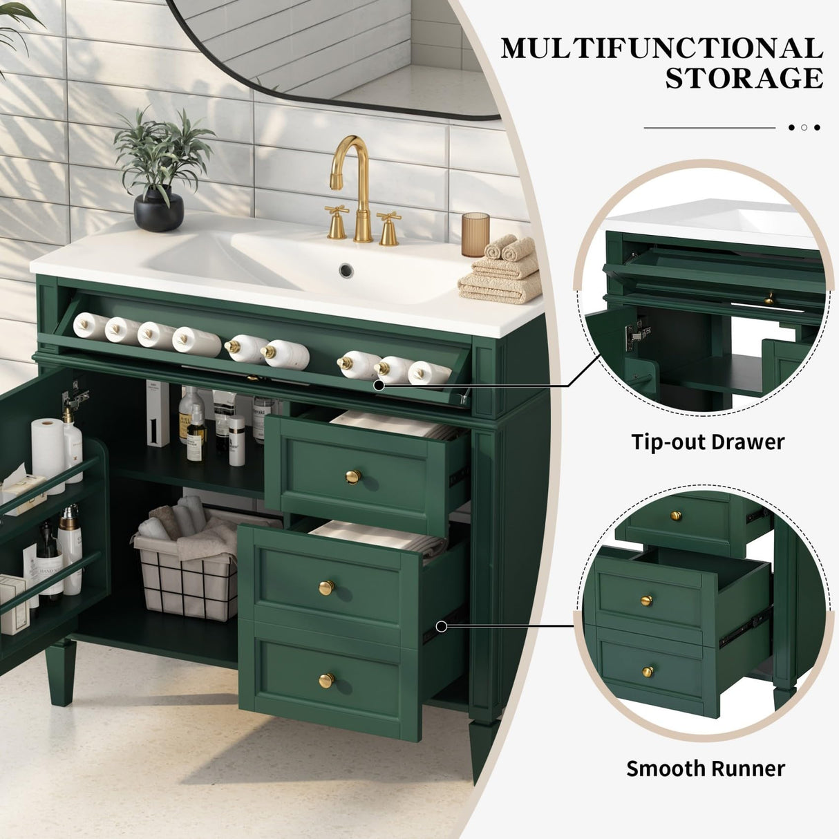 36'' Bathroom Vanity with Top Single Resin Sink Countertop, Solid Wood Frame Modern Storage Cabinet, Tip-Out Drawer, Soft Closing Doors, Green Merax