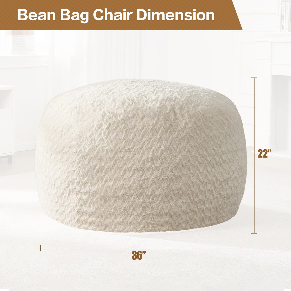 Hobestluk 3ft Bean Bag Chairs for Adults Large Beanbag Chair with Chevron Plush Fur Cover Big Bean Bag Chair for Living Room Bedroom Dorm Office - White (36” x 36” x 22”) Hobestluk