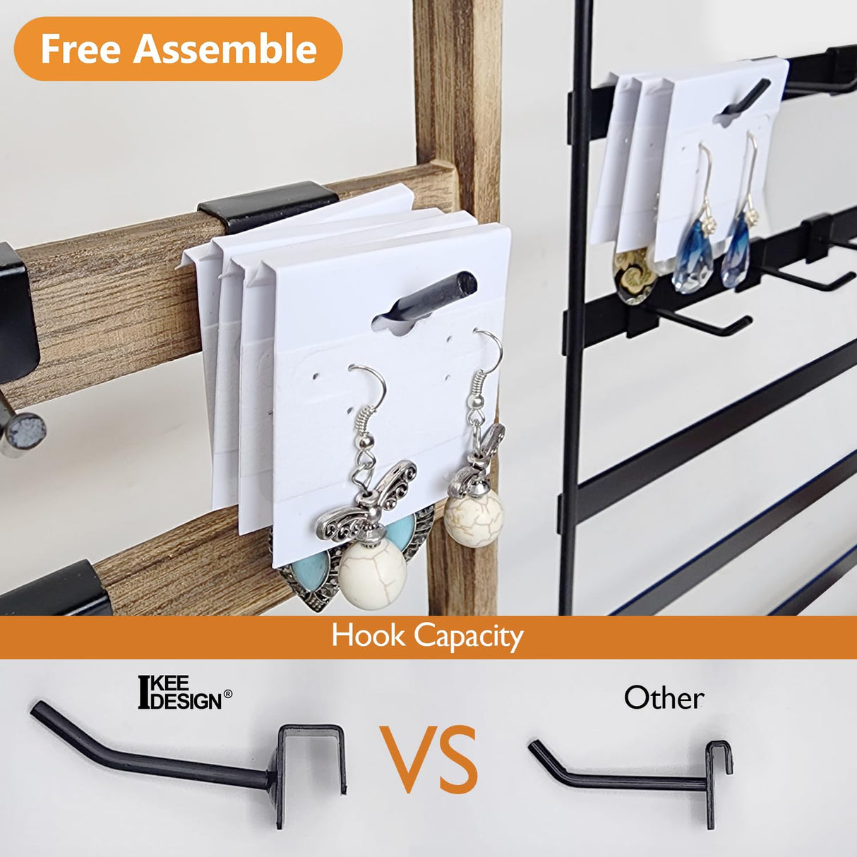 Ikee Design 5 Tiers Free Assemble Wooden Jewelry Display Rack with 20 Removable Metal Hooks,Earring Card Display Stand,Jewelry Organizer,Bracelet Organizer,Keychain Stand,Brown Color Ikee Design