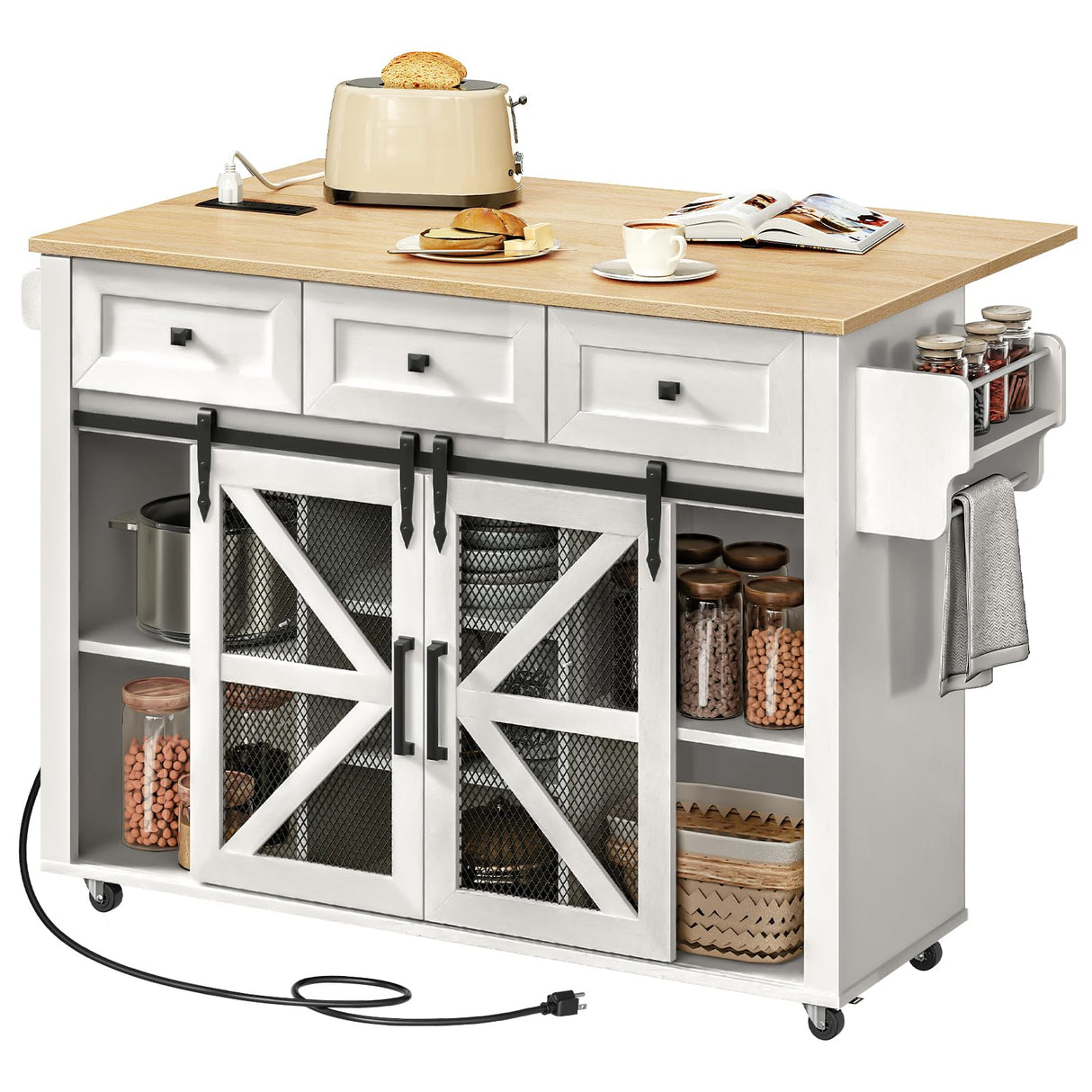 RALGEND Kitchen Island with Storage, Kitchen Cart with Charging Station, Rolling Kitchen Island Table with Drop-Leaf, 3 Drawers, Barn Doors, Towel Rack and Spice Rack, White and Natural RALGEND