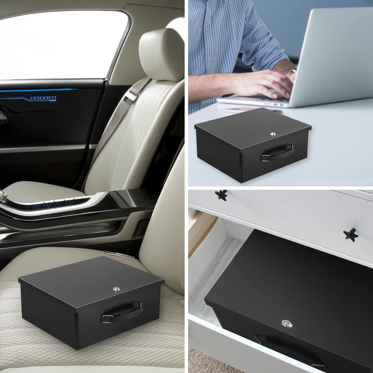 Dalmbox Portable Metal Safe Box with Key Lock - Fire Resistant Storage for Documents, Car, Home and Outside - X Large 13.2"x 11"x 5.1" Black Box Dalmbox