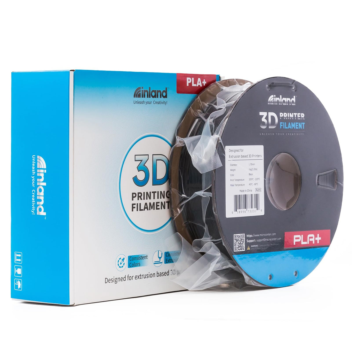 INLAND Micro Center PLA+ 3D Printing Filament 1.75mm - Black PLA Plus 3D Printer Filament - PLA Pro Dimensional Accuracy +/- 0.03 mm - 1 kg Cardboard Spool (2.2 lbs) INLAND
