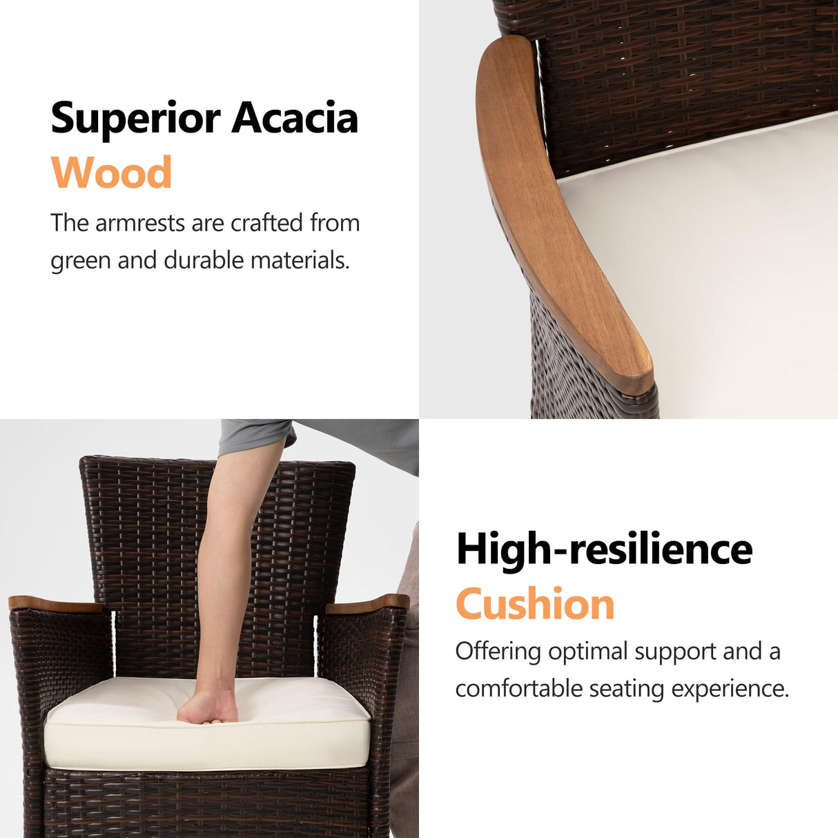 5 Piece Wicker Patio Dining Sets for 4, Rattan Outdoor Dining Table and Chairs with Wood Table Top, Water-Resistant Patio Conversation Set for Deck, Garden, Backyard, Removable Cushions, Brown FansaFurn