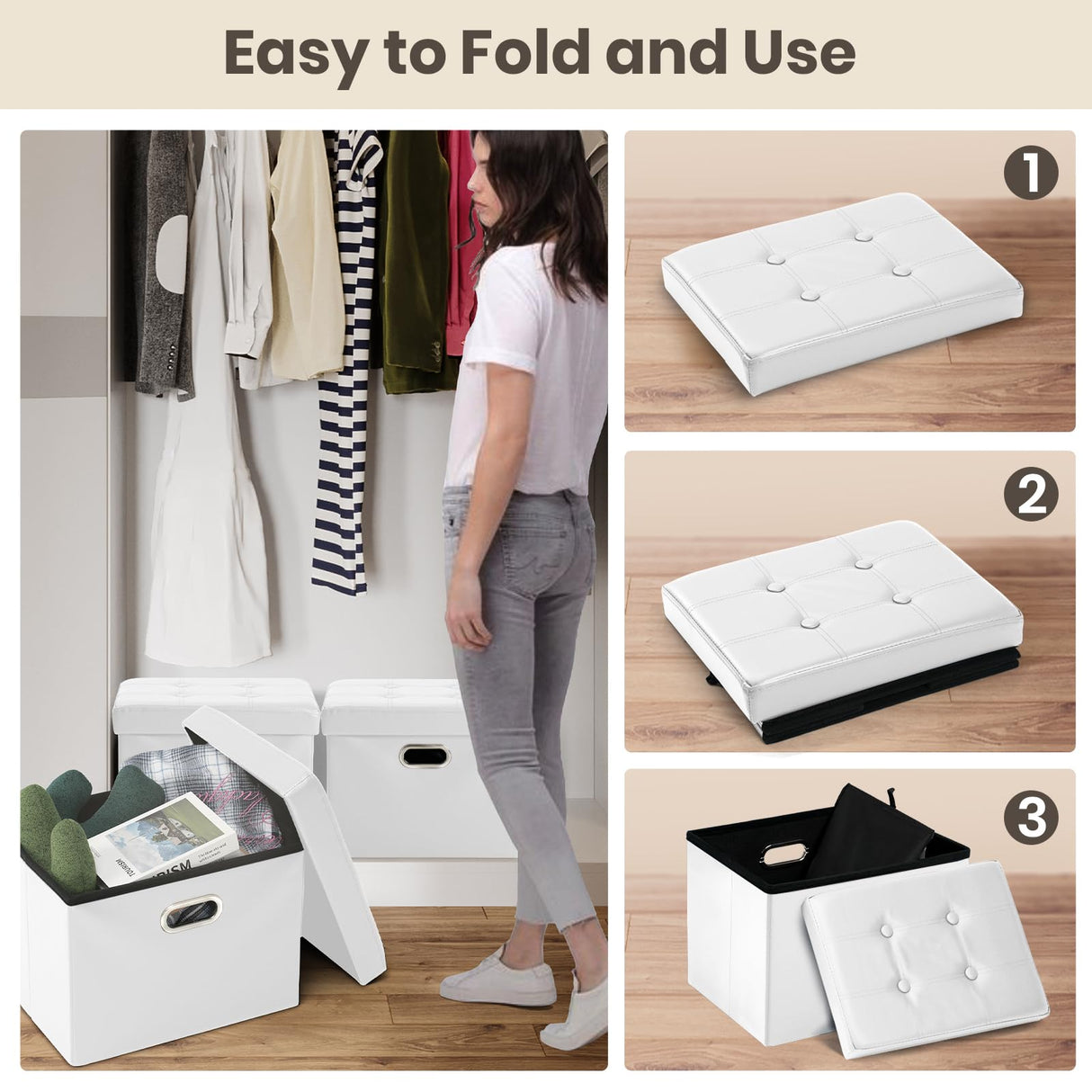 COSYLAND Storage Ottoman 17x13x13in Leather Ottoman Rectangle Foot Rest Foot Stool Folding Ottoman for Room Dorm Small Collapsible Bench Seat Organizer Entryway Furniture with Handles Lid White COSYLAND