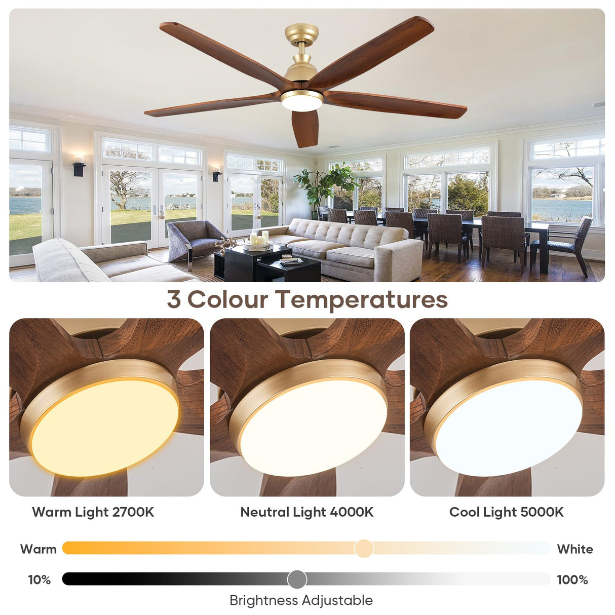 60 Inch Outdoor Ceiling Fan with Light and Remote, Gold Ceiling Fans with Lights, Solid Wood Blade, Quiet Reversible DC Motor, Damp-Rated Large Outdoor Ceiling Fans for Patios Porch Gazebo Farmhouse ShreeFindee