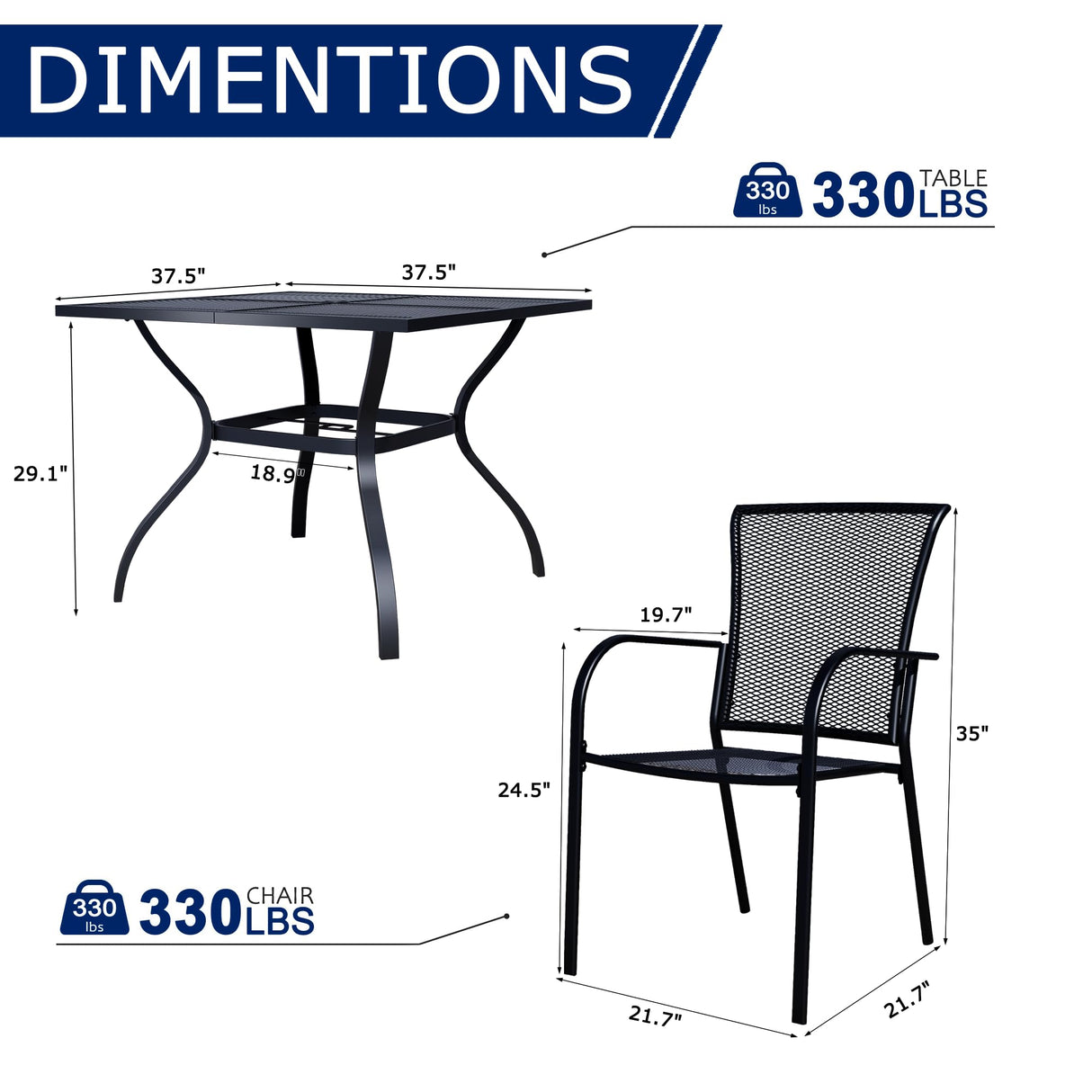 Stabrech 5 Piece Outdoor Dining Set, Patio Table and Chairs Set of 4, 37.5" Black Square Patio Table with 4 Metal Stackable Patio Chairs for Lawn, Garden, Porch Stabrech