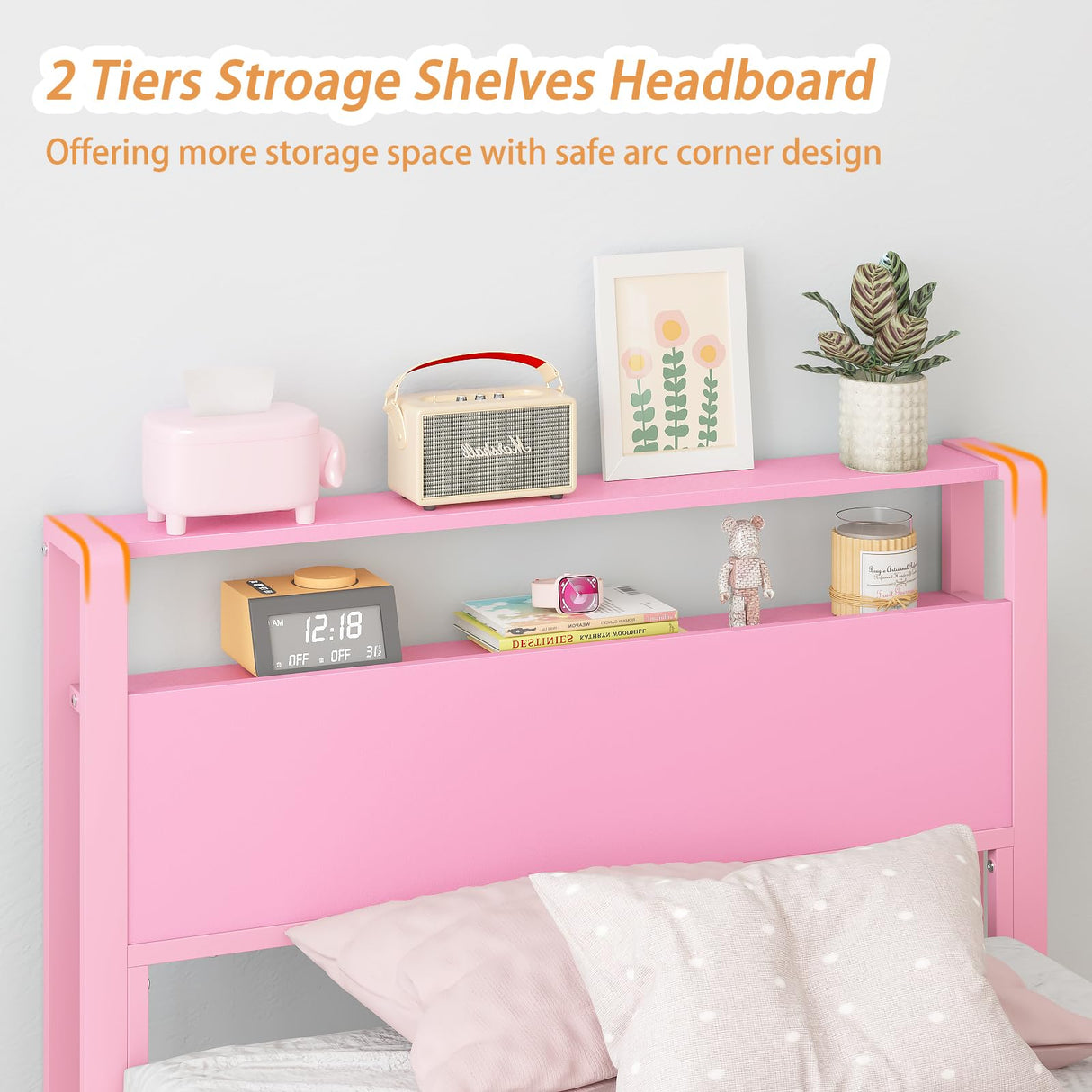 Weehom Twin Bed Frames for Kids with 2 Tiers Wood Storage Shelves Headboard, Twin Size Bed No Box Spring Needed Under Bed Storage Space Metal Platform for Girls and Adults, Pink Weehom