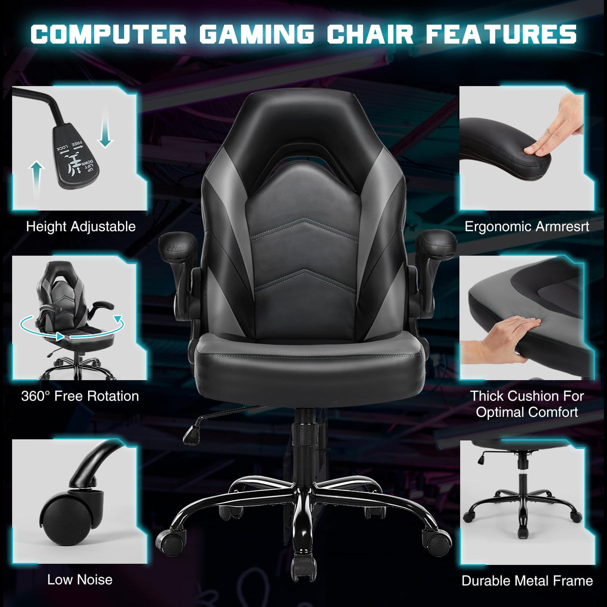 DUMOS Computer Gaming Desk Chair - Home Office Ergonomic PU Leather Lumbar Support, Height Adjustable High Back Video Game with Flip-up Armrest, Rolling Swivel for Adults DUMOS