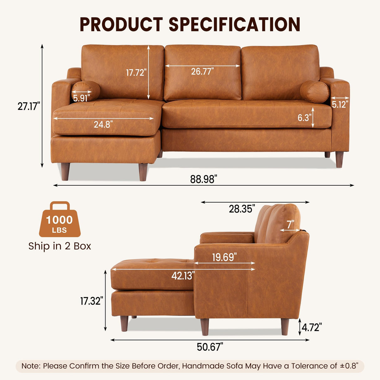 GarveeHome 88.9 in Leather L-Shape Sofa with Convertible Chaise, Modern Mid-Century Sofa for Living Room, 3 Seat Comfy Leather Couch with Deep Seat, Cognac Tan GarveeHome