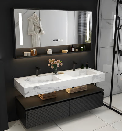 Double Sink Bathroom Vanity, Floating Bathroom Vanity with LED Smart Defogging Mirror and One-Piece Sink, Modern Bathroom Vanities with Open Floating Shelf, Rock Countertop & Faucet (Black,72")