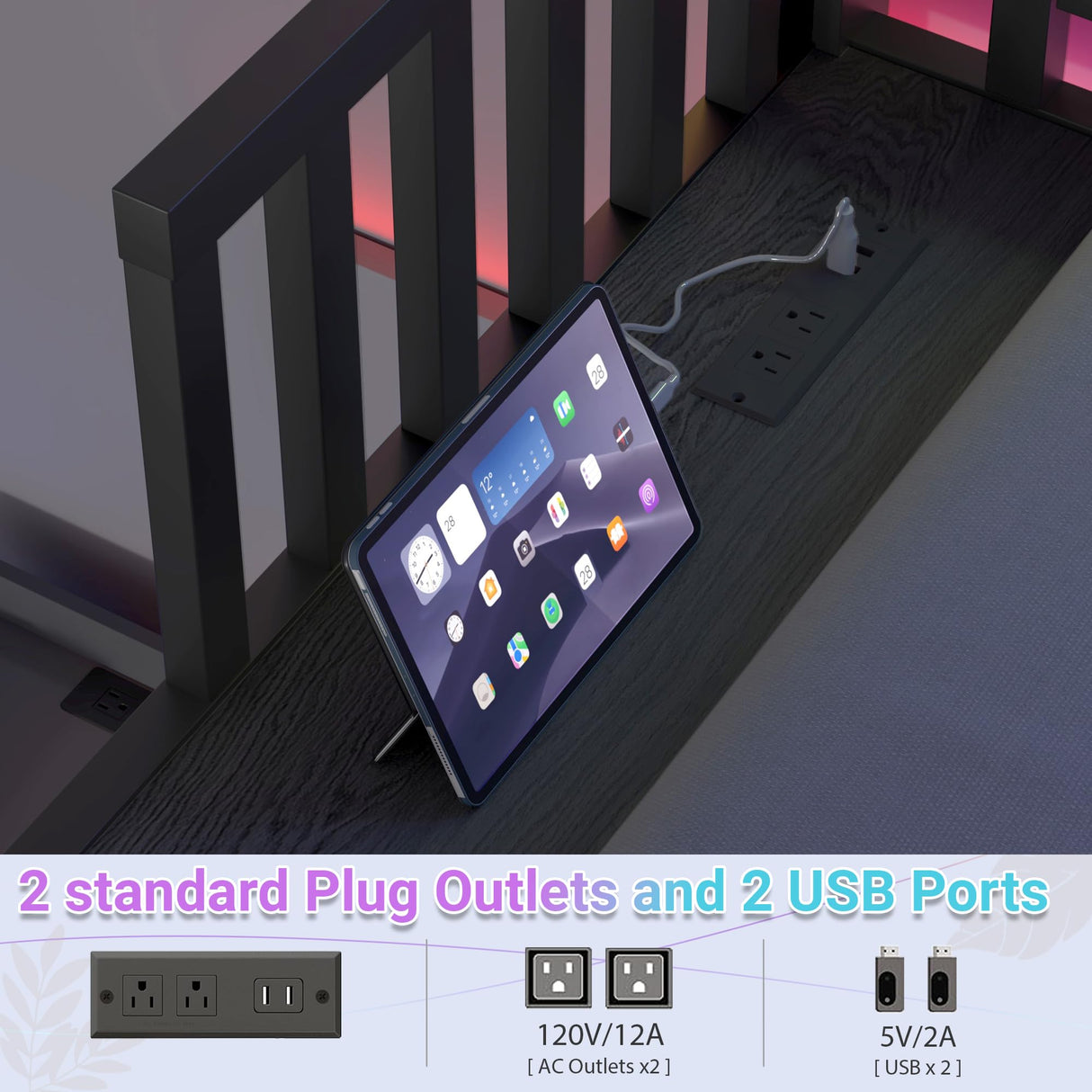 Aurnienofus Triple Bunk Bed Twin XL & Twin Over Twin with LED & Charging Station, Metal Detachable Bunk Bed for 3 Kids, Girls Boys Teens,Bunk Beds with Guardrails and Ladder, Black Aurnienofus