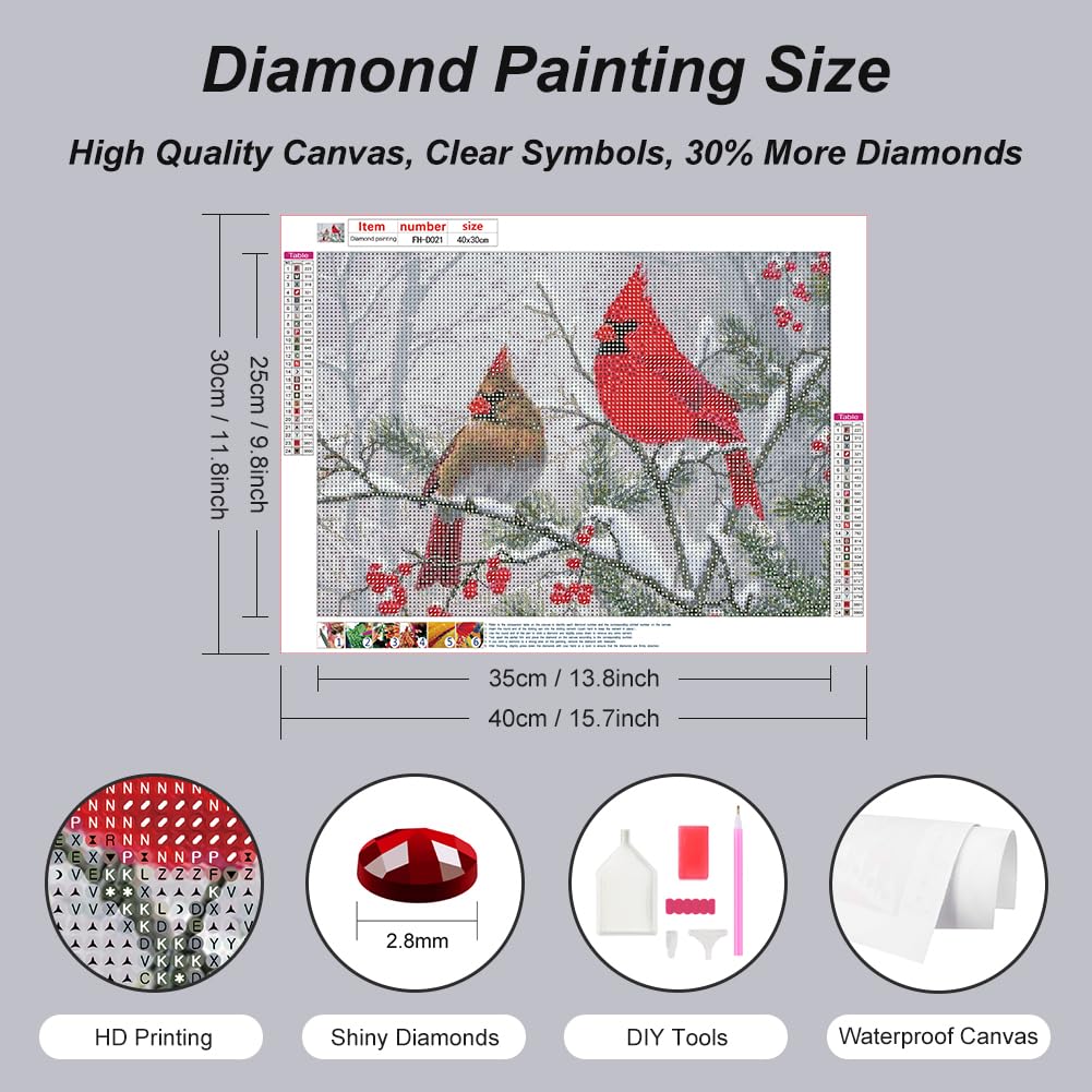 FHBUBPUP Diamond Art Painting Kits for Adults, Cardinal Birds Diamond Art Kits for Beginners, DIY Winter Gem Art Craft for Home Wall Decor, Great Gift for Kids 16x12inch FHBUBPUP