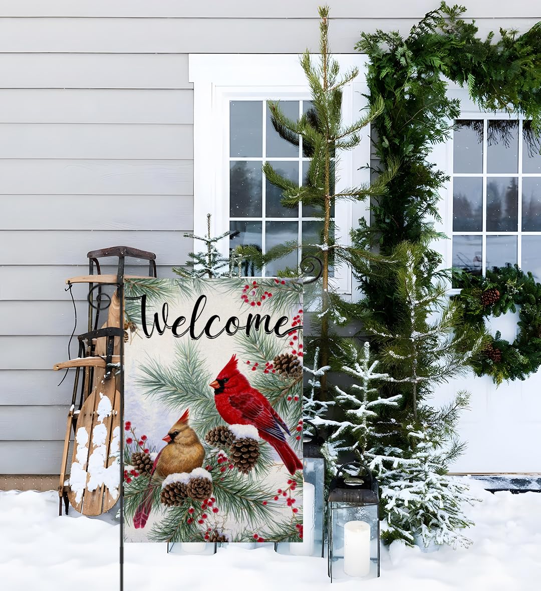 EKOREST Welcome Christams Garden Flags for Outside Decoration, Cardinal Pine Twigs Berry Small Yard Flag, Seasonal Farmhouse Winter Xmas Holiday Outdoor Decor 12x18 Inch Vertical Double Sided EKOREST