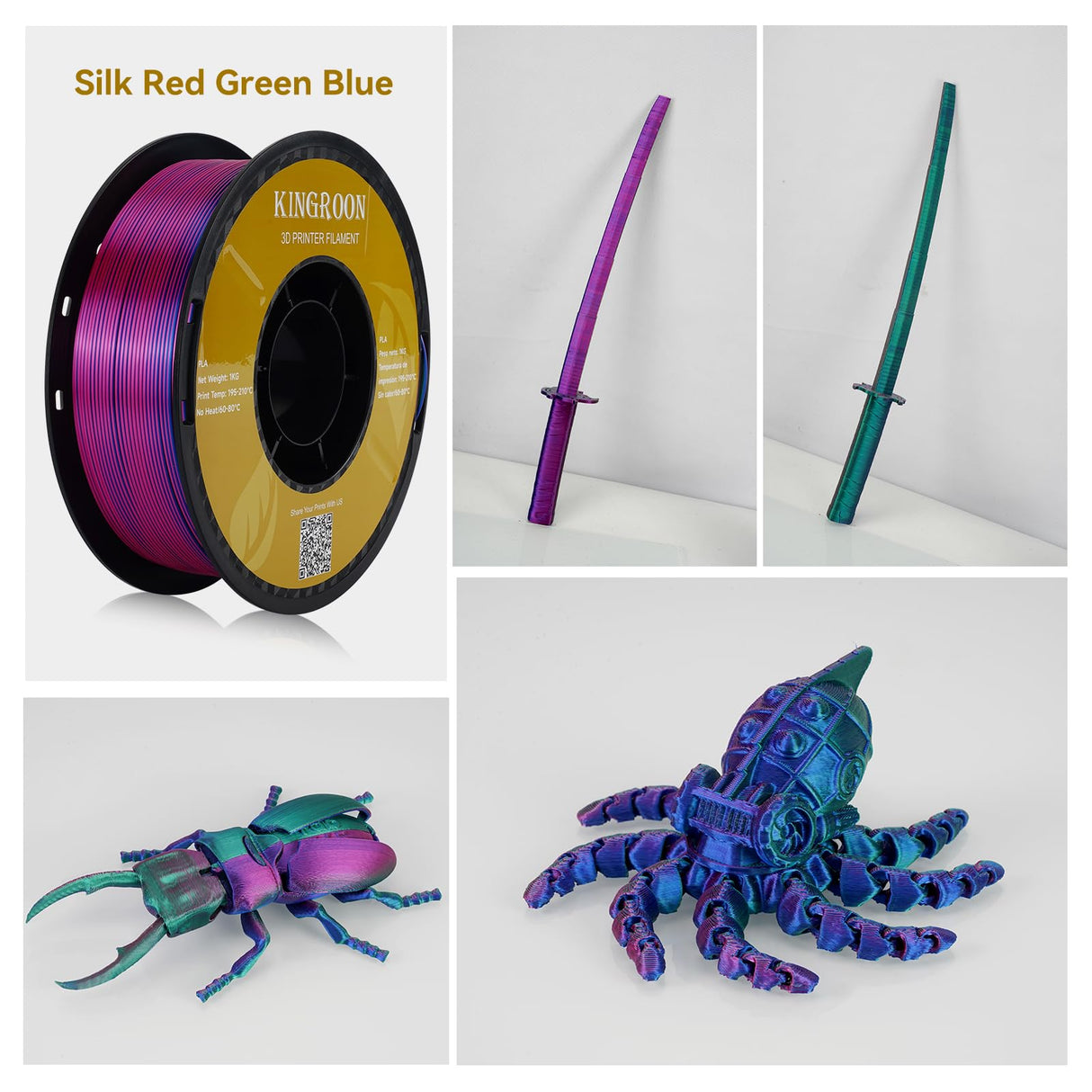 Kingroon PLA 3D Printer Filament, Triple Color Silk PLA Filament, Dimensional Accuracy +/- 0.03 mm, 1 kg Spool(2.2lbs), 1.75 mm, Red Blue Green Kingroon