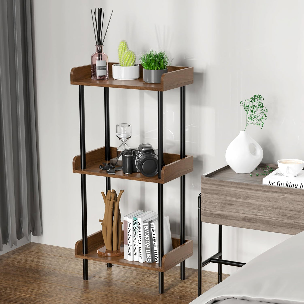 Daiumulti Bookshelf, 3 Tier Bookcase, Industrial Small Book Shelf, Rustic Brown Bookshelf, Metal Display Shelf Storage Organizer for Living Room, Bedroom& Home Office Daiumulti