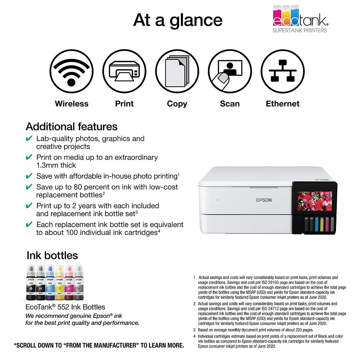 Epson EcoTank Photo ET-8500 Wireless Color All-in-One Supertank Printer with Scanner, Copier, Ethernet and 4.3-inch Color Touchscreen, White, Large Epson