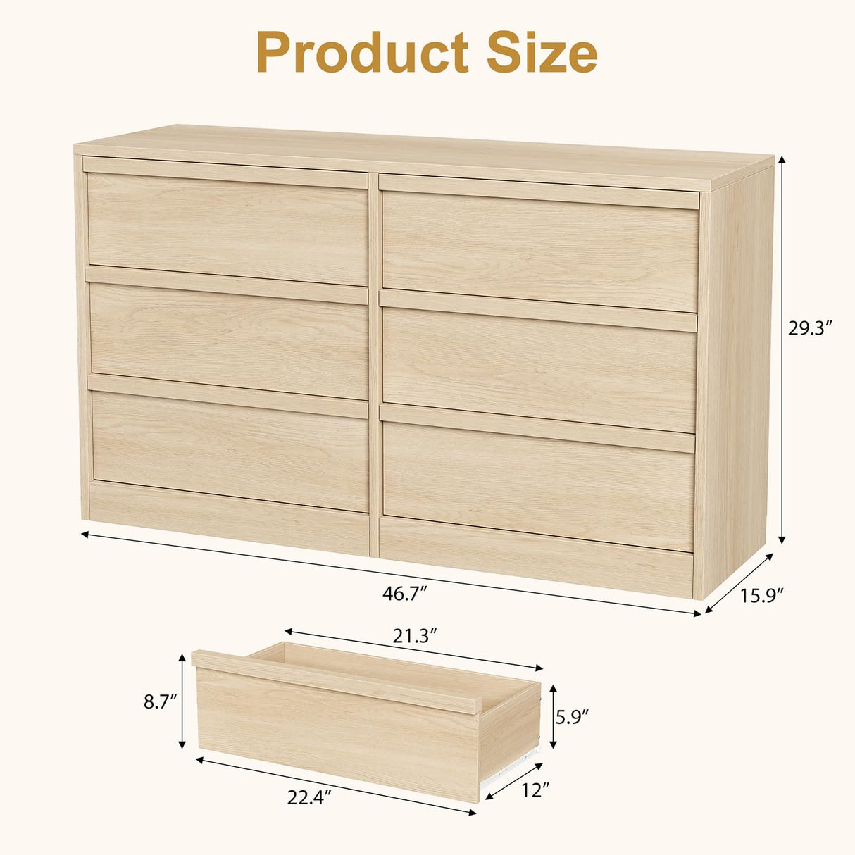 GarveeHome 6 Drawer Dresser for Bedroom, 47in Wide Natural Oak 6 Chest of Drawers with Large Storage, Wooden Dresser Organizer for Living Room, Entryway, Nursery GarveeHome