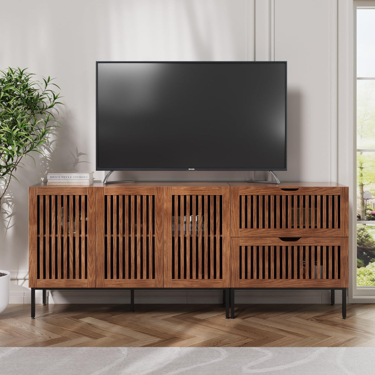 BVIUNTWO Storage Cabinet,75" Farmhouse Buffet Cabinet with Metal Base and Adjustable Shelves,Sideboard Coffee Bar Cabinet with 3 Doors for Kitchen,Dining Room,Living Room,Brown BVIUNTWO