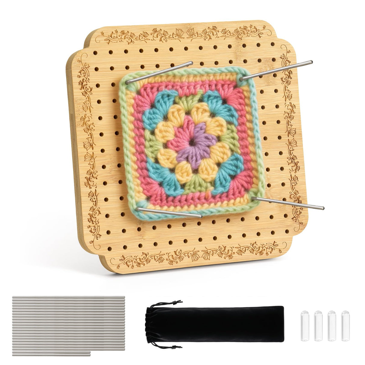Crochet Blocking Board with Tulips Pattern, 22 Pins/Pegs, Blocking Board for Crocheting Knitting, Bamboo Granny Square Blocking Boards for Crochet Projects, Crocheting Accessories Gifts FEIYAUMI
