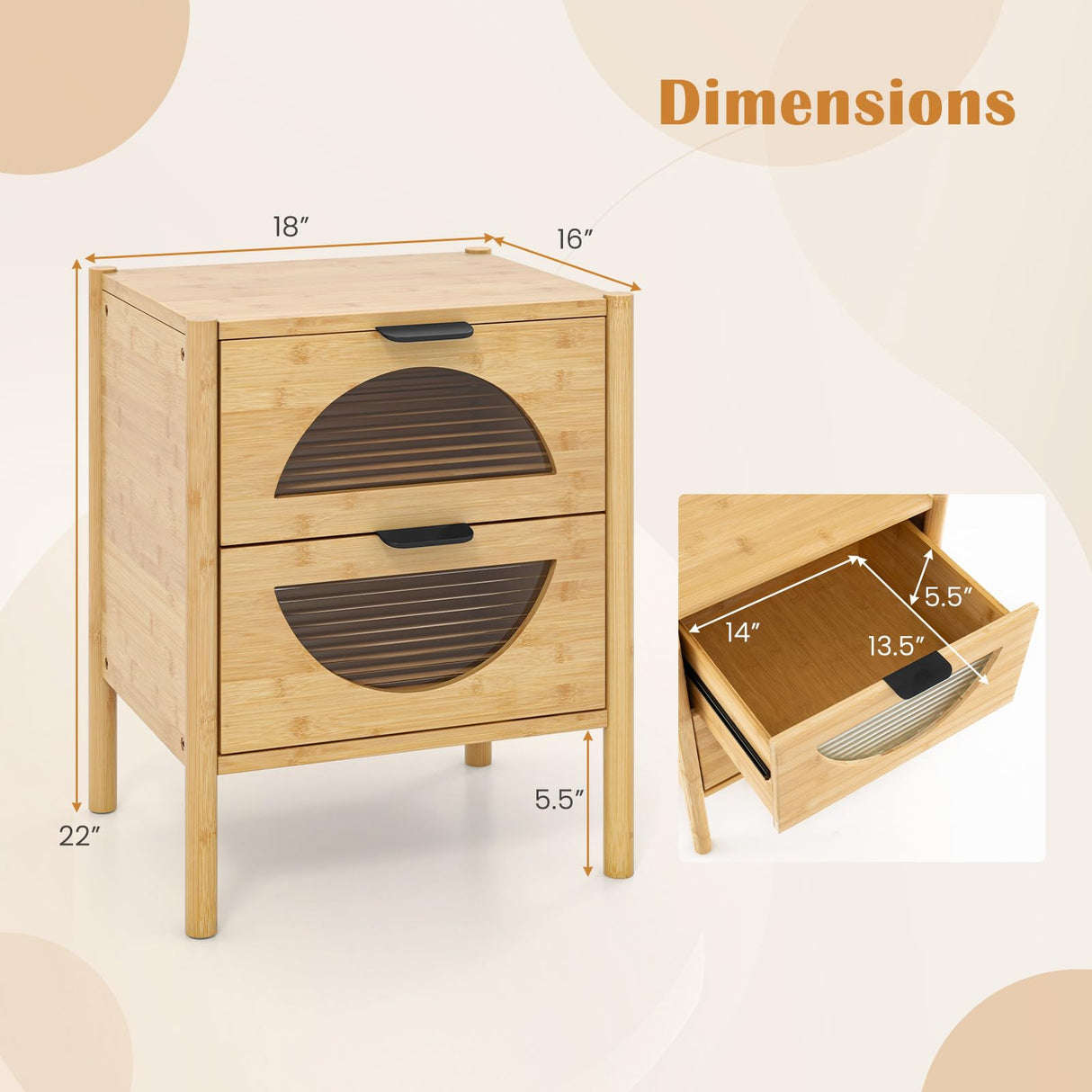 Giantex Bamboo Nightstand, Mid-Century Modern Bedside Table with 2 Storage Drawers & Tempered Glass, End Table Side Table, Wood Night Stand for Bedroom, Small Spaces, Natural Giantex