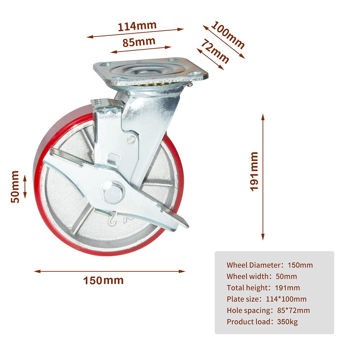 Nisorpa 6 inch Heavy Duty Casters Set of 4 Swivel Steel Wheels Red Polyurethane Lockable Caster Wheels for Industrial Trailer, Furniture - 2 with Brakes and 2 without Brakes Nisorpa