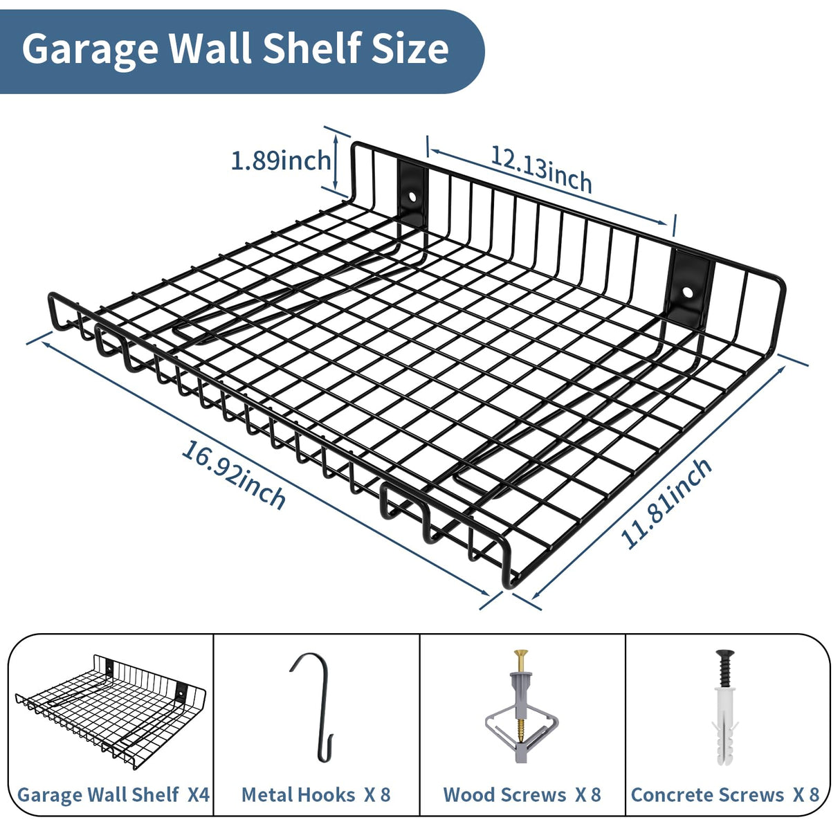 4 Pack Garage Wall Shelf, Wall Mounted Storage Shelves, Heavy Duty Metal Shelves for Room Wall, Loads 260 LBS Floating Shelves Mesh Storage Rack for Garage, Office, Basement,Wall Cabinet and Kitchen Riciakik