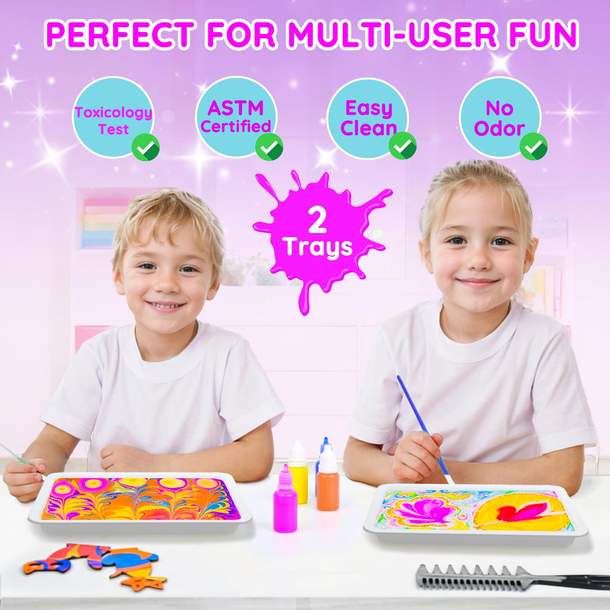 MOMUSE Marbling Paint Art Kit for Kids with Dual Trays, Passed Toxicology, Metallic Gold Water Marble Painting Kit, Creative Art Craft Kits Ideal Toys Gifts for Girls & Boys Ages 6+ MOMUSE