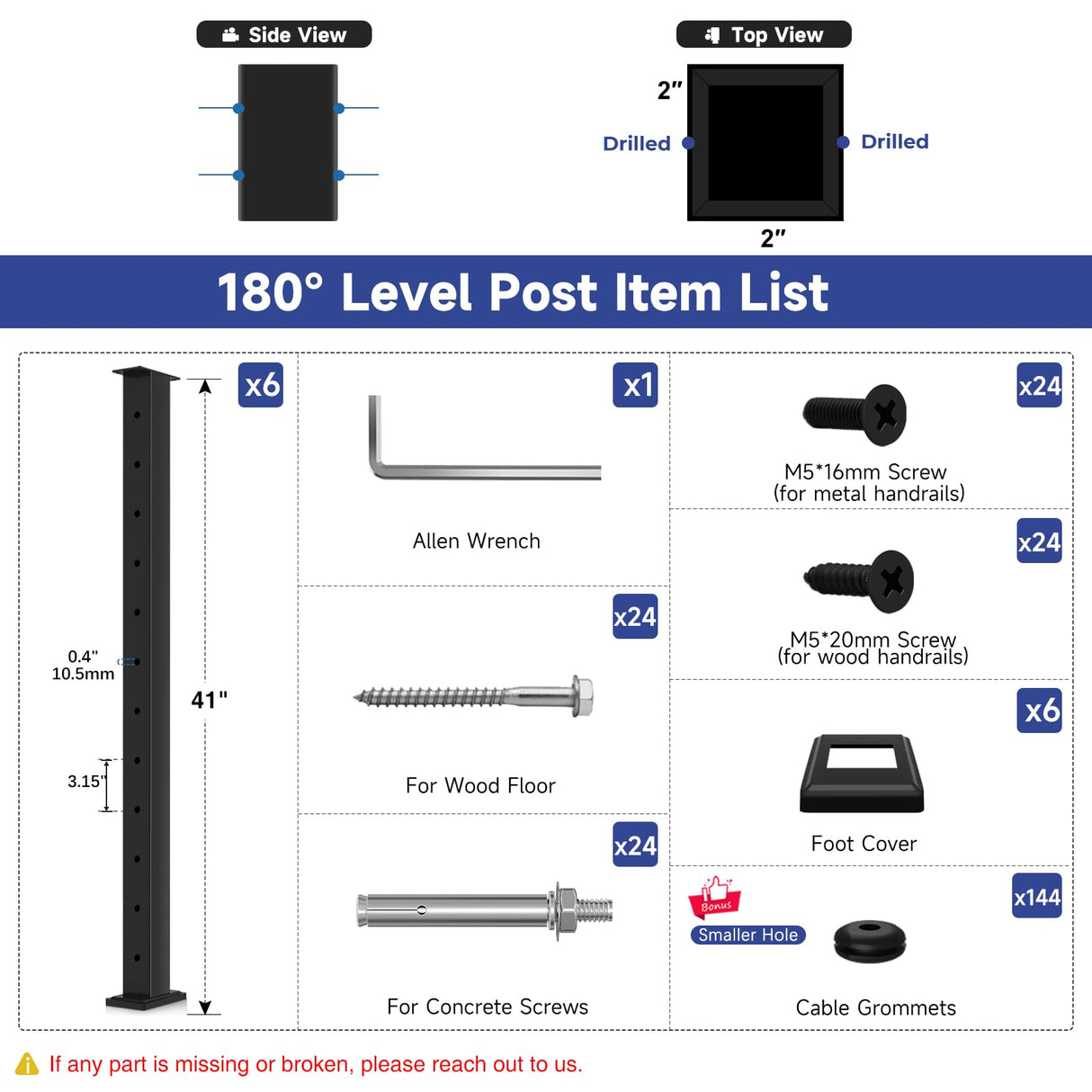 Gyykzz 6 Pack Cable Railing Post 42", Matte Black Stainless Steel T304 Level Drilled Railing Posts for Deck Railing Kit System, Flat Top Heavy-Duty Cable Handrail Post for Indoor Outdoor Deck Balcony Gyykzz