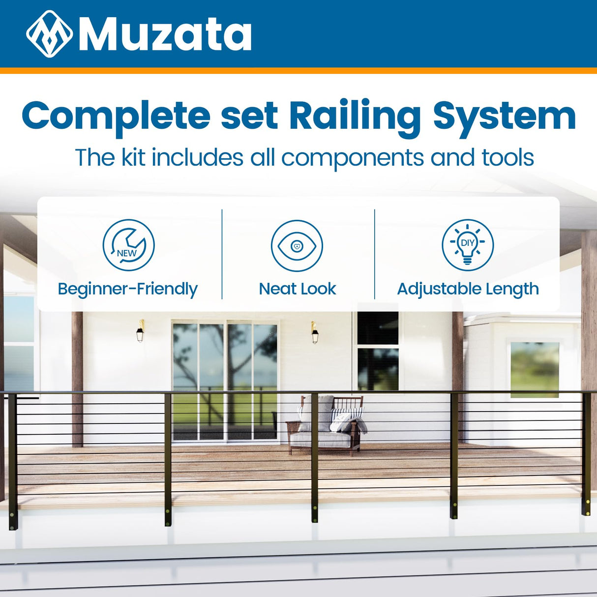 Muzata 6'6"-13' Side Mount Black Complete Cable Railing Kit 36 Inch Cable Railing System for Decks with Post Handrail Space-Saving Fasica Mount with User Guide RCF2 BH4S Muzata