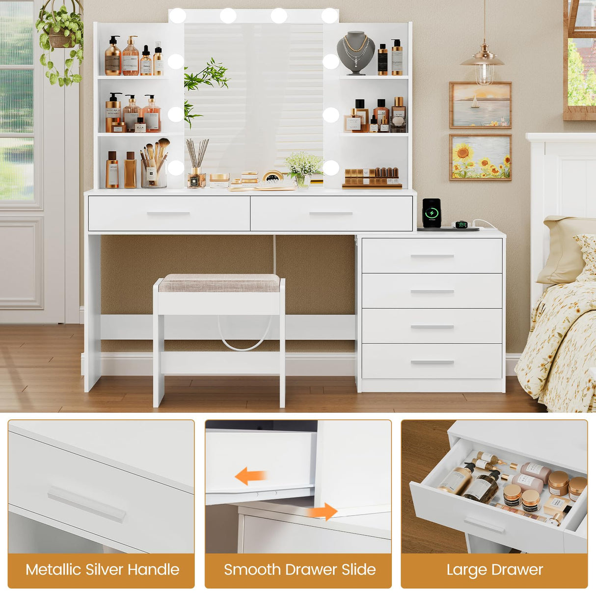 Quimoo 48" Large Vanity Desk with Mirror & Lights, Makeup Vanity Table with 6 Drawers & Power Outlet, 4 Open Storage Shelves, Vanity Desk Set with Stool, for Women Girls, White Quimoo