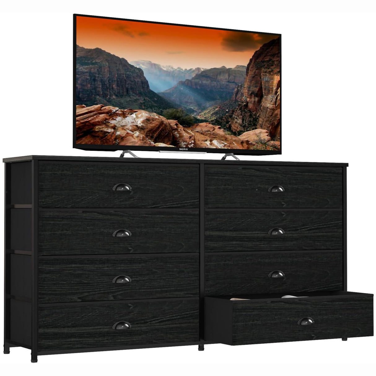 Furnulem Wide Dresser with 8 Fabric Drawers, TV Entertainment Center with Storage for 55'' TV, Large Chest of Drawers for Bedroom, Living Room, Dorm, Closet, Entryway, Wood Top (Black Oak) Furnulem