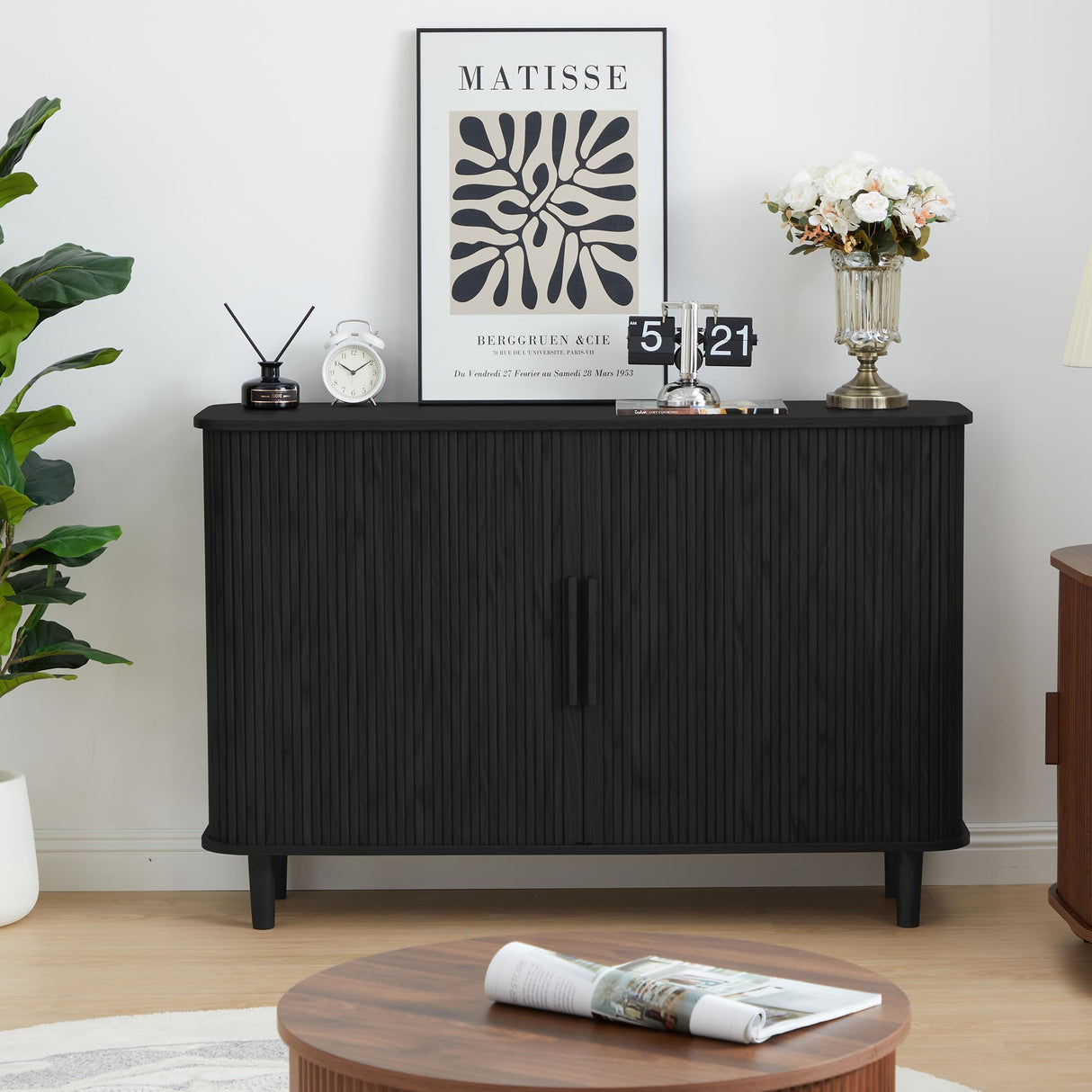 NVETHM Sideboard Buffet Cabinet, Storage Cabinet with Sliding Doors and Handles, Modern Wooden Sideboard Cabinet for Living Room, Dining Room, Kitchen and Entryway (Black) NVETHM