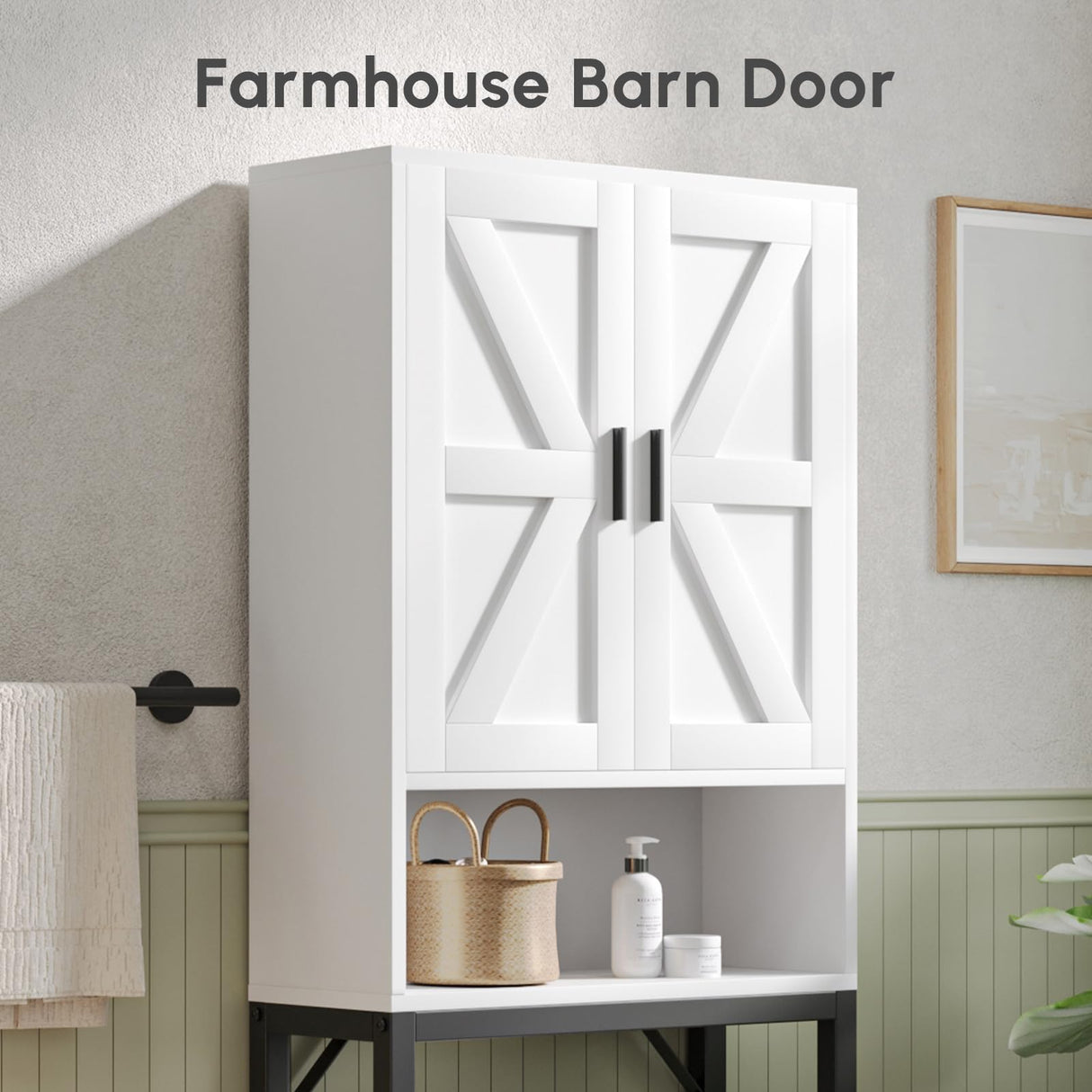 USHOWER Over The Toilet Storage Cabinet, Bathroom Organizers and Storage with Barn Doors, Thicken Metal Stand & MDF Wood Above Toilet Storage Cabinet, Freestanding Space Saver, White USHOWER