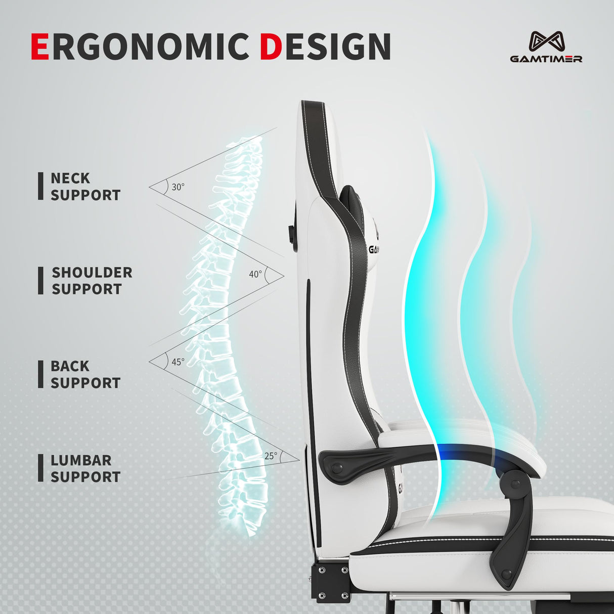 Gamtimer Gaming Chair, Computer Office Chair with Footrest, 155° Reclining Chair, Ergonomic High Back Computer Chair with Headrest and Lumbar Support for Adults and Kids(Black+White) Gamtimer