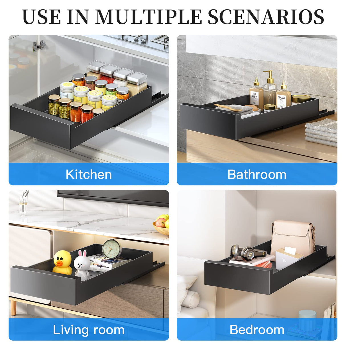 Pull Out Cabinet Organizer Fixed With Adhesive Nano Film,Heavy Duty Storage and Organization Slide Out Pantry Shelves Sliding Drawer Pantry Shelf for Kitchen,Living Room11.8"W x16.9"D x 3.1"H(1PC) Kitstorack