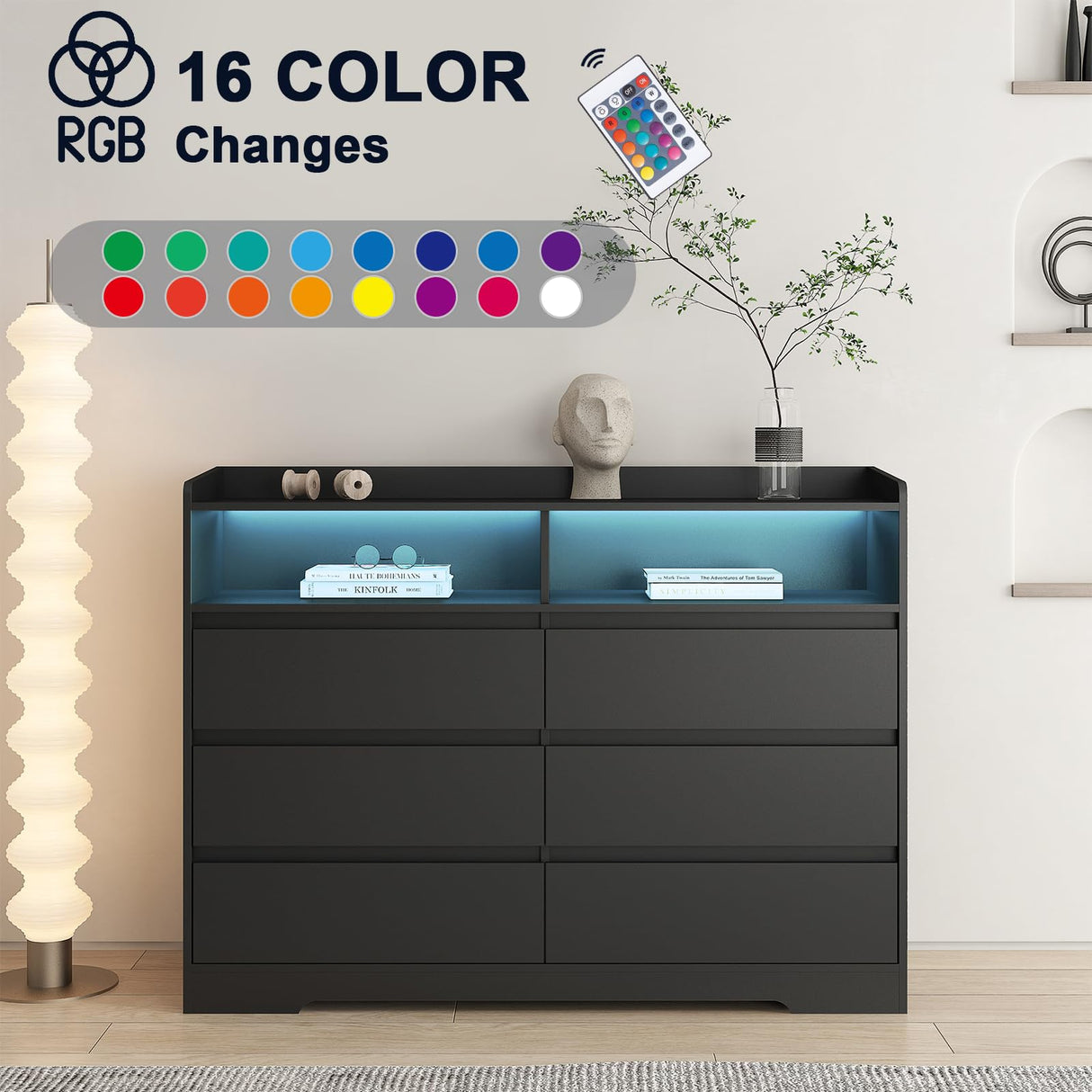 Tatub 6 Drawer Dresser for Bedroom, Black Dressers & Chests of Drawers with LED Light and Handle Free Drawers, Led Dresser for Living Room Tatub