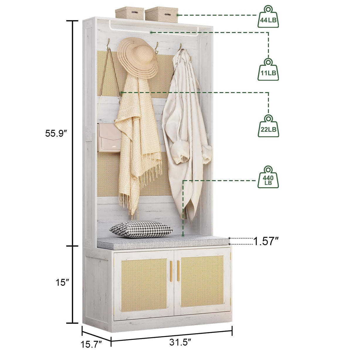 HOVANESTY Hall Tree with Bench and Shoe Storage, 5-in-1 Entryway Bench with Coat Rack, Padded Seat Cushion, 7 Tri-Hooks, Adjustable Shelf, Farmhouse Boho Furniture Organizer for Hallway, Rustic White HOVANESTY