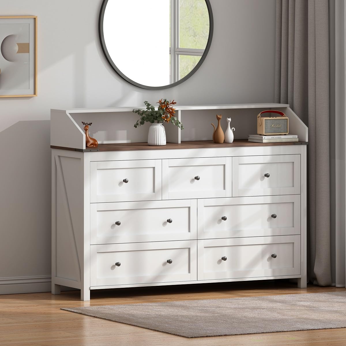 GlouMod White Dresser for Bedroom, 7 Drawer Dresser with LED Lights & Charging Station, Wood TV Stand Chest of Drawers Clothes Storage Organizer for Kids, Girls Bedroom, Closet, Hallway GlouMod