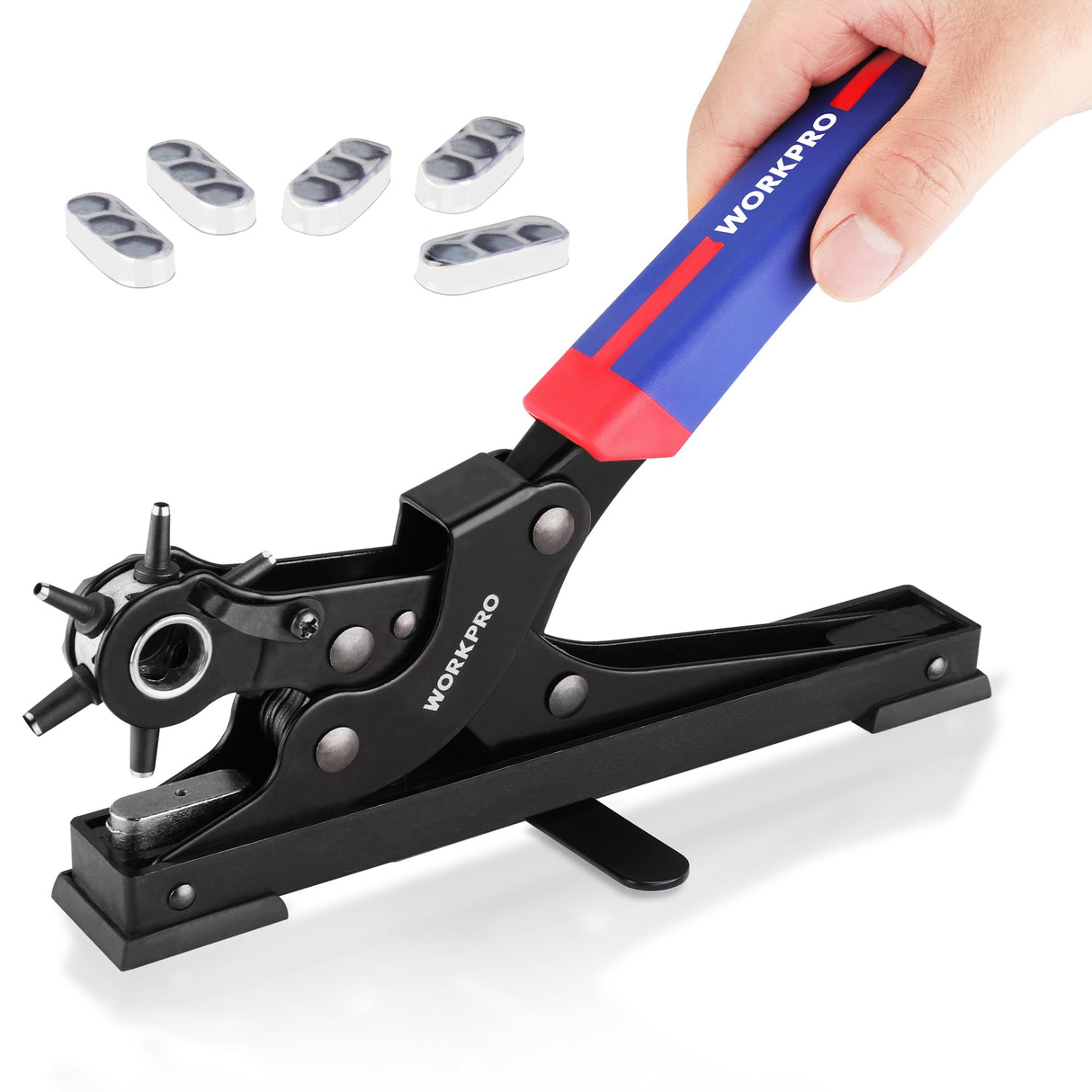 WORKPRO Desktop Leather Hole Punch Set, Rotary Belt Hole Puncher for Leather, 6 Punch Sizes, Heavy Duty Leather Hole Punch Tool for Leather Belts, Dog Collars, Watch Band, Saddles, Shoes, Home DIY WORKPRO