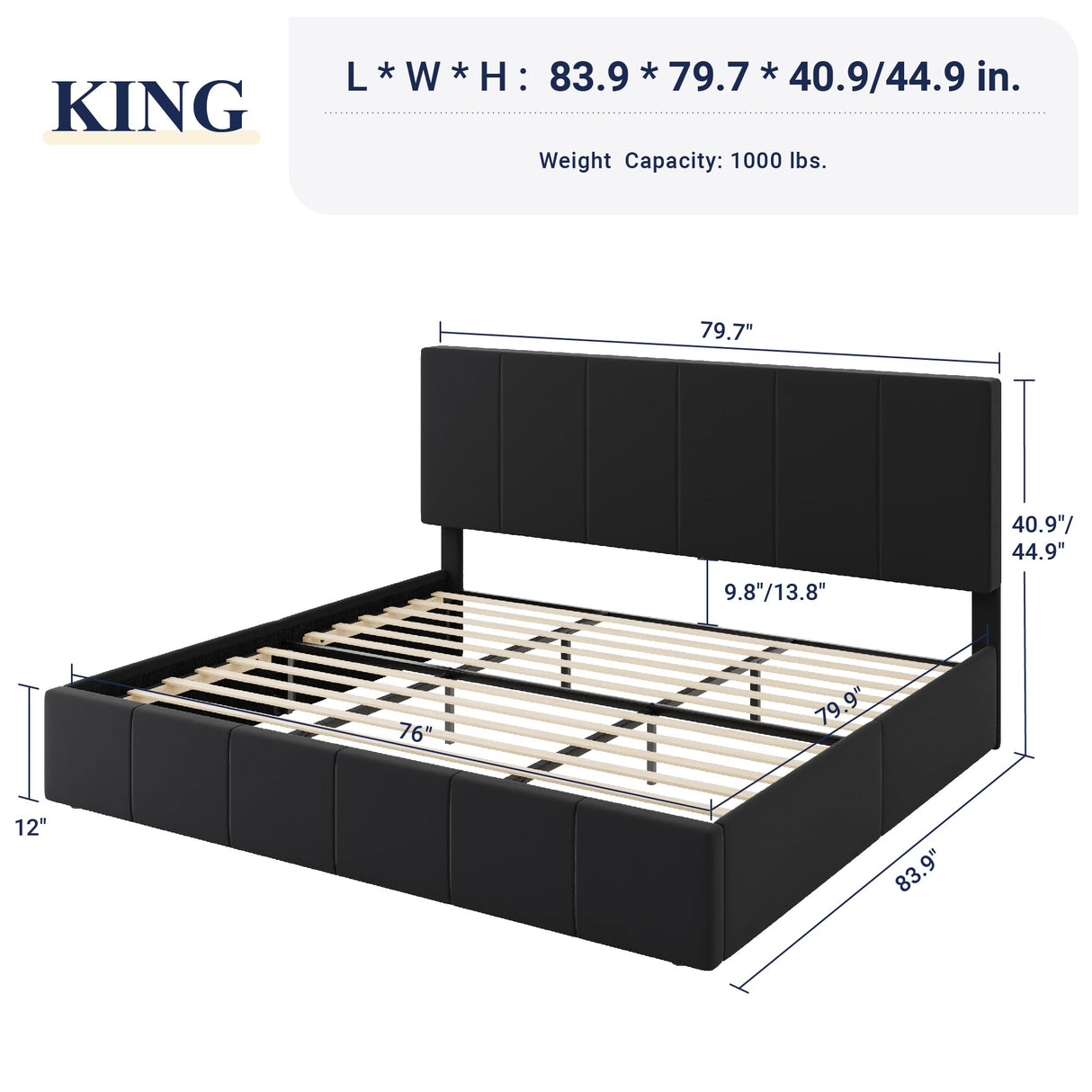 Allewie King Size Dutch Velvet Upholstered Platform Bed Frame/Vertical Channel Tufted Adjustable Headboard/Low Profile Bed Frame/No Box Spring Needed/Easy Assembly/Black Allewie