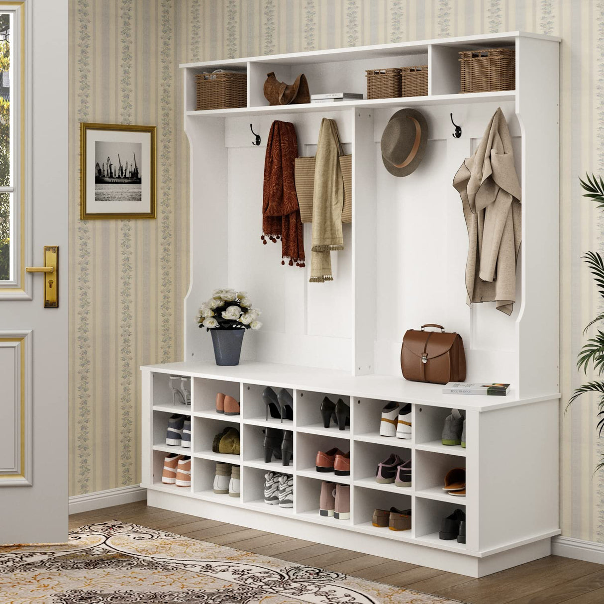 AIEGLE Large 3-in-1 Entryway Hall Tree with Shoe Bench and Coat Rack with 18 Shoe Storage Cube and 6 Hanging Hooks, White (63" L x 17.3" W x 66.9" H) AIEGLE