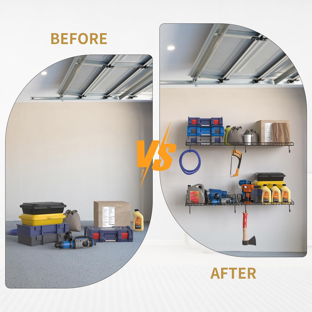 4 Pack Garage Wall Shelf, Garage Wall Mounted Shelving, Heavy Duty Floating Shelves With 8 Hooks, Loads 180 LBS Black Wall Shelves Mesh Storage Rack for Office, Basement, Wall Cabinet and Kitchen Riciakik