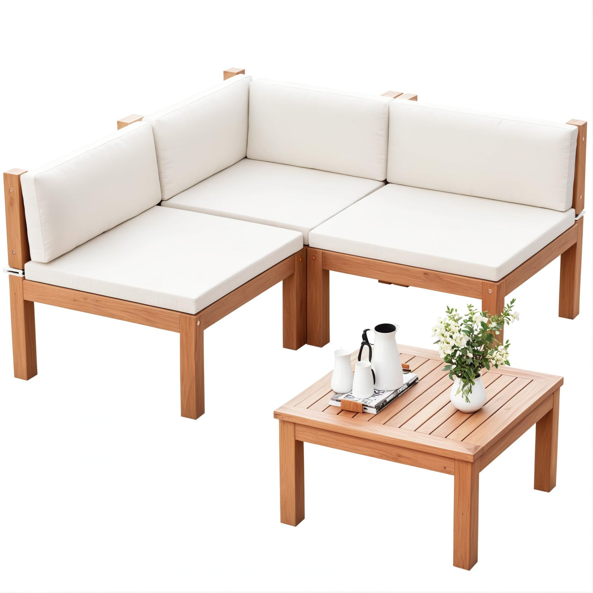 Devoko 4 Pieces Outdoor Sectional Couch Patio Sectional Sofa with Acacia Wood Coffee Table, Outdoor L-Shaped Couch with All-Weather Cushion for Patio,Deck,Backyard(White) Devoko