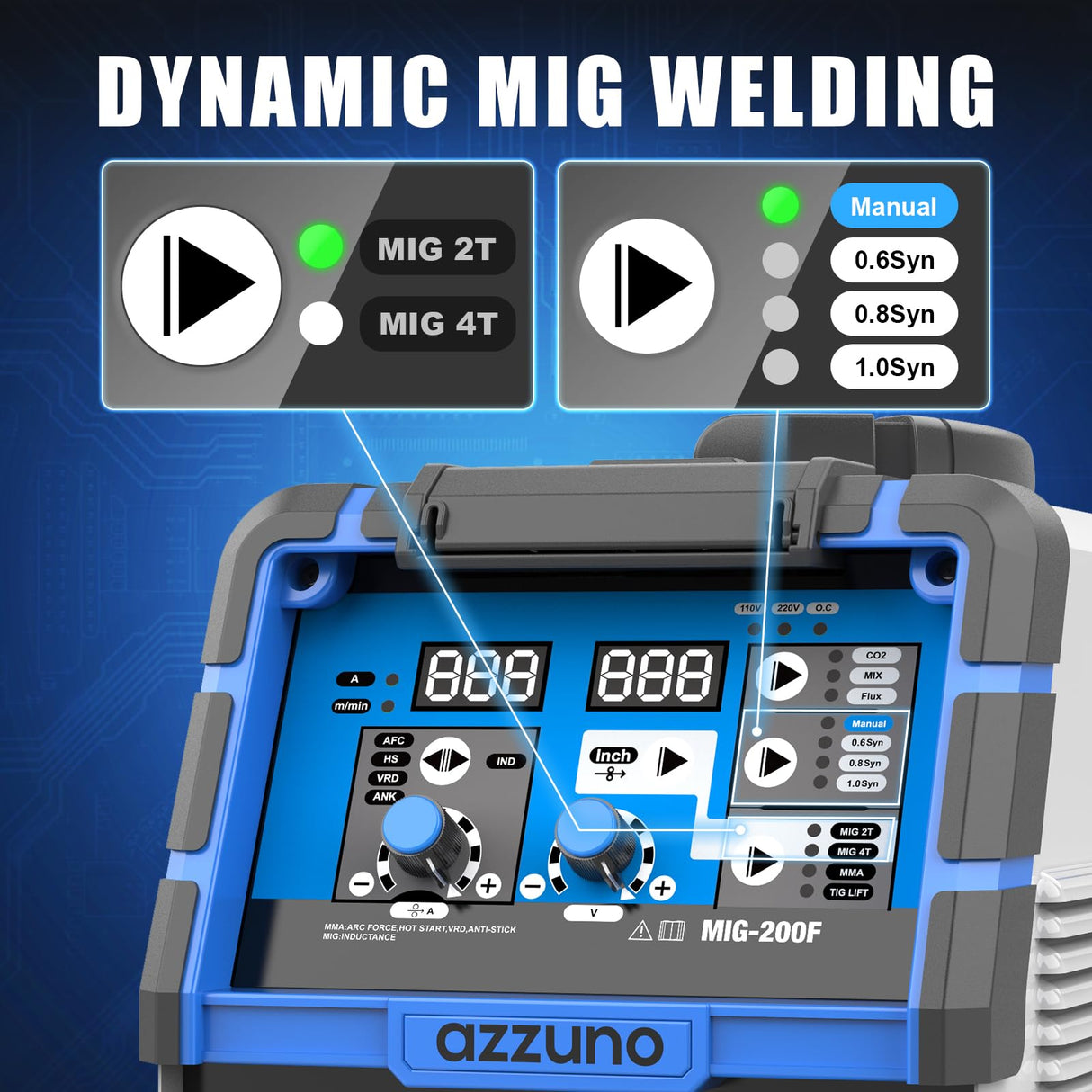 AZZUNO 200A MIG Welder,110V/220V Dual Voltage multiprocess welder,Gas Gasless MIG Welding Machine,4 in 1 Flux MIG/Solid Wire/Lift TIG/Stick ARC Welder (Grey) AZZUNO