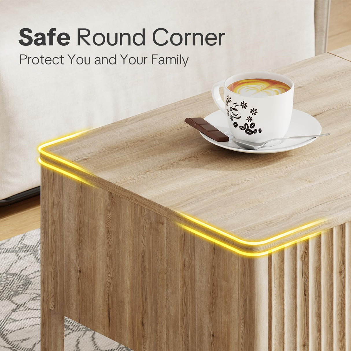 Fluted Lift Top Coffee Table for Living Room, Small Coffee Table with Storage Hydraulic Lift Large Capacity, Sturdy Legs Safe Round Corner, Easy Assembly for Small Spaces, Vertical Grain-Natural RUMBALUXY