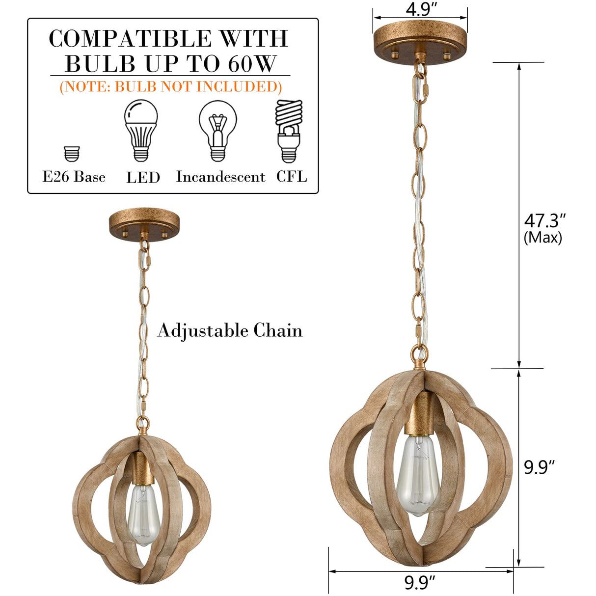 SAMTEEN Farmhouse Wood Pendant Lights Kitchen Island, Vintage Wooden Pendant Lighting Rustic 1-Light Wood Hanging Ceiling Light Fixture for Hallway Bedroom Entrance, Adjustable Chain SAMTEEN