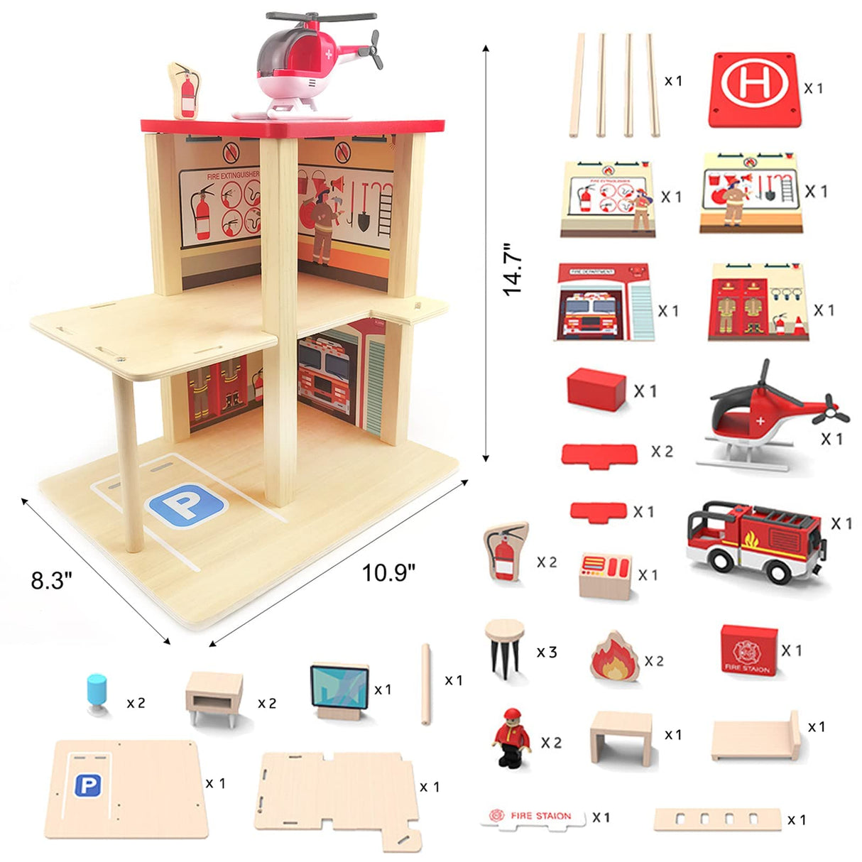 BBtinker Wooden Fire Station Playset, Multicolor 3-Level Pretend Play Dollhouse with Figures, Truck, Helicopter and Accessories, Preschool Learning Educational Toys for Toddlers Kids Age 3 and up BBtinker